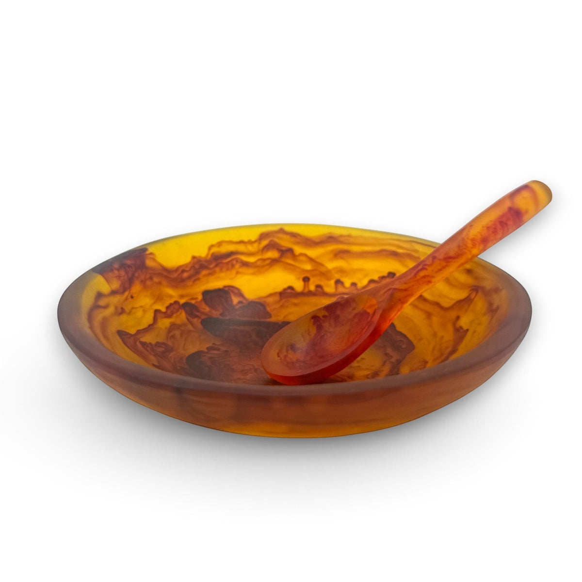 POLKA LUKA amber resin relish bowl and matching spoon with swirling marbled pattern