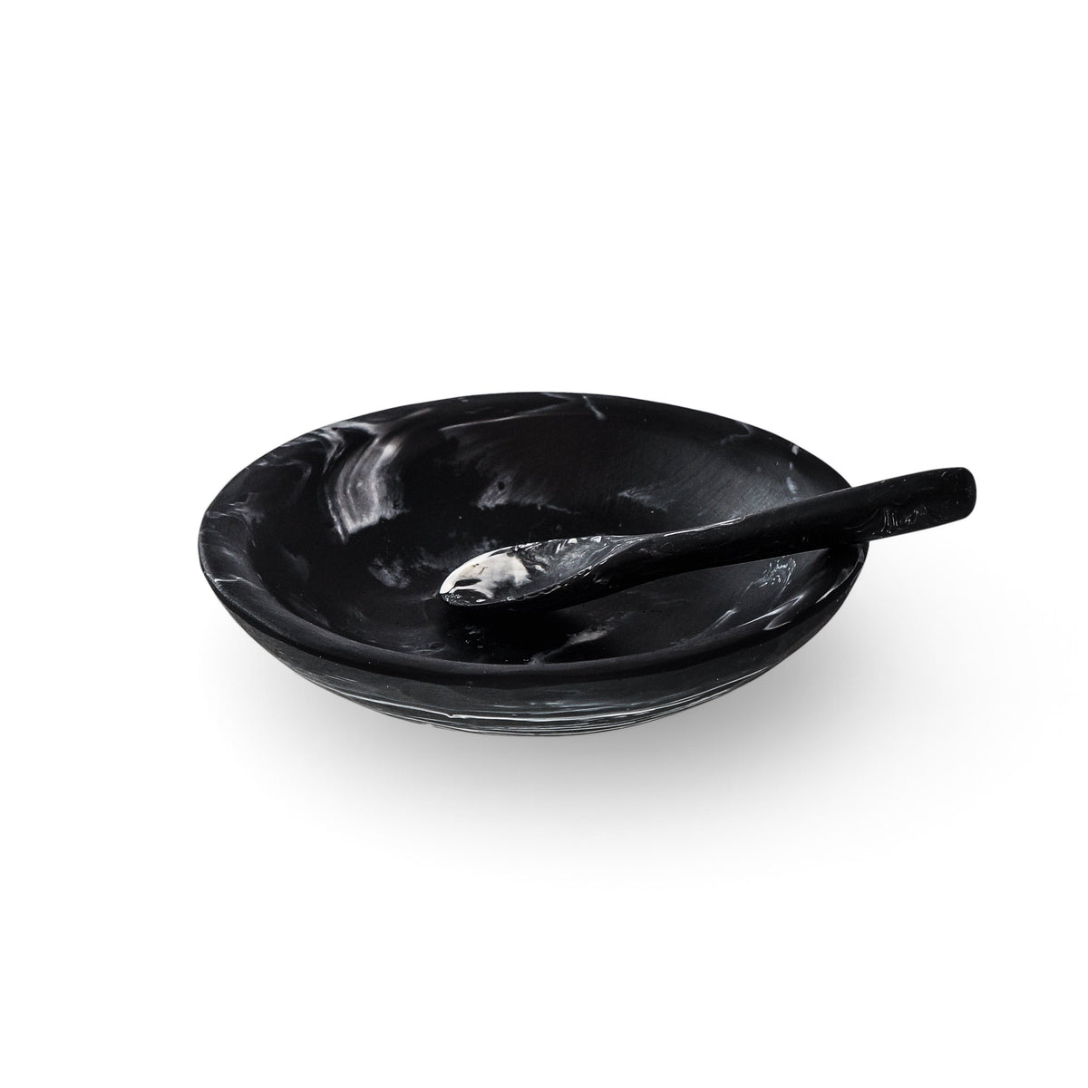 POLKA LUKA black and white marbled resin relish bowl with matching small spoon for salt or condiments