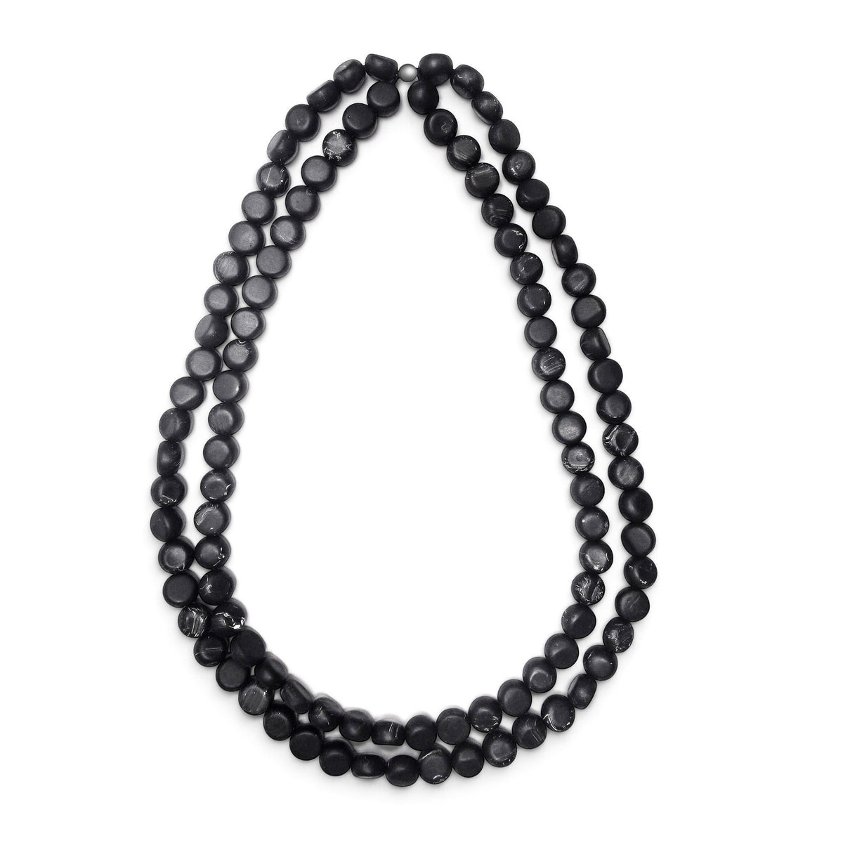 POLKA LUKA Silk Road double strand necklace featuring black resin beads with subtle white marbling on elastic cord.