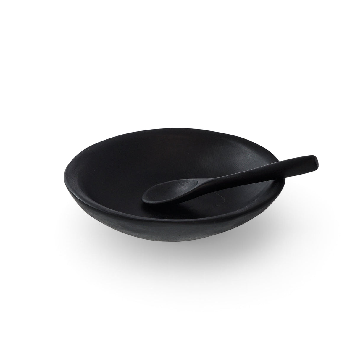 POLKA LUKA matte black resin relish bowl with matching small spoon, 10.5cm diameter, minimalist kitchen serveware
