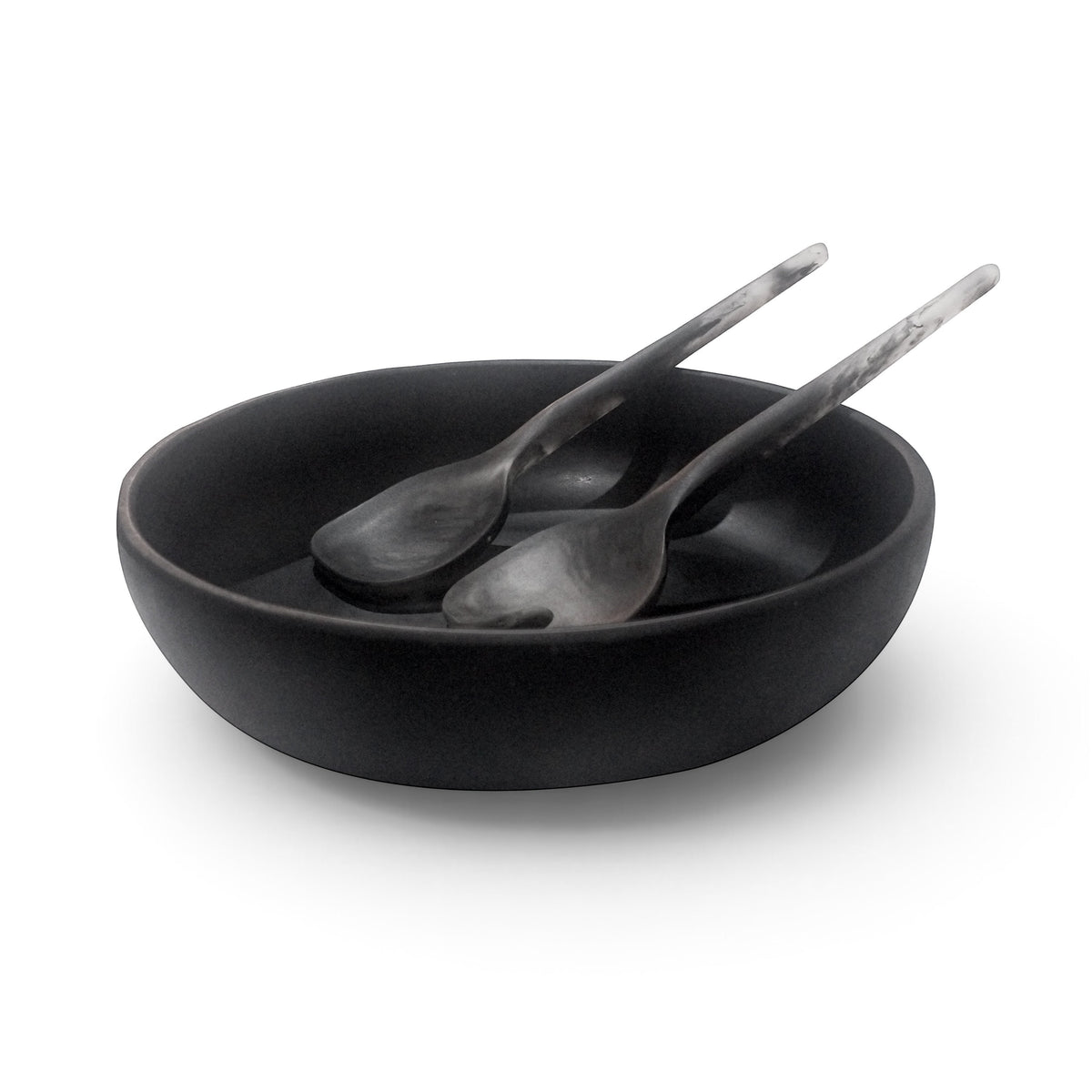POLKA LUKA medium black resin salad bowl with matching marbled Gauguin serving spoons for dining and entertaining.