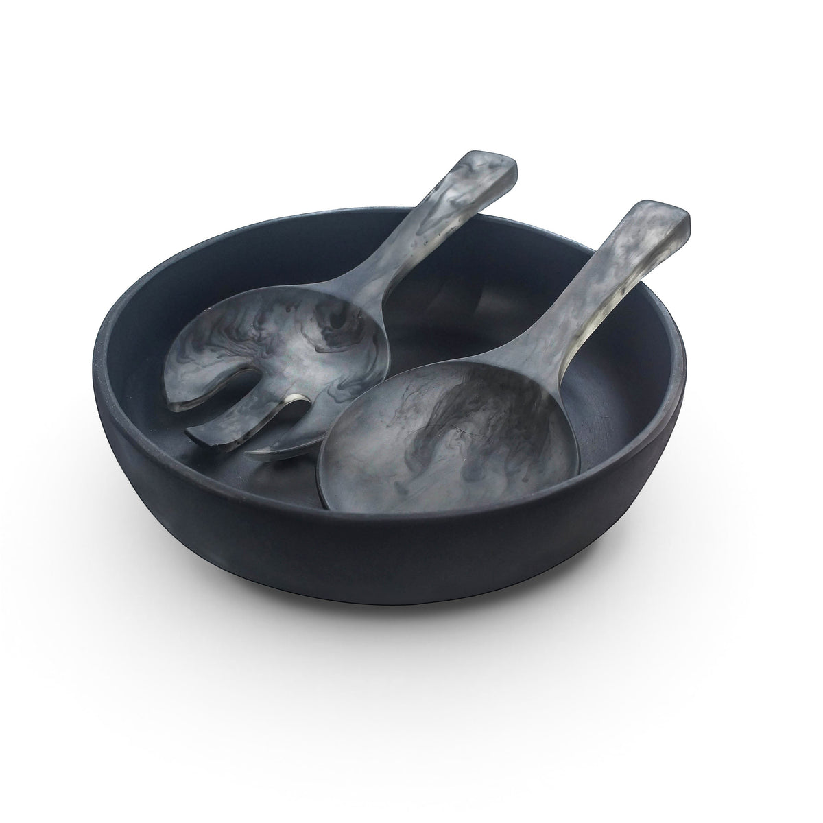 POLKA LUKA medium black resin salad bowl with matching marbled grey and black salad servers