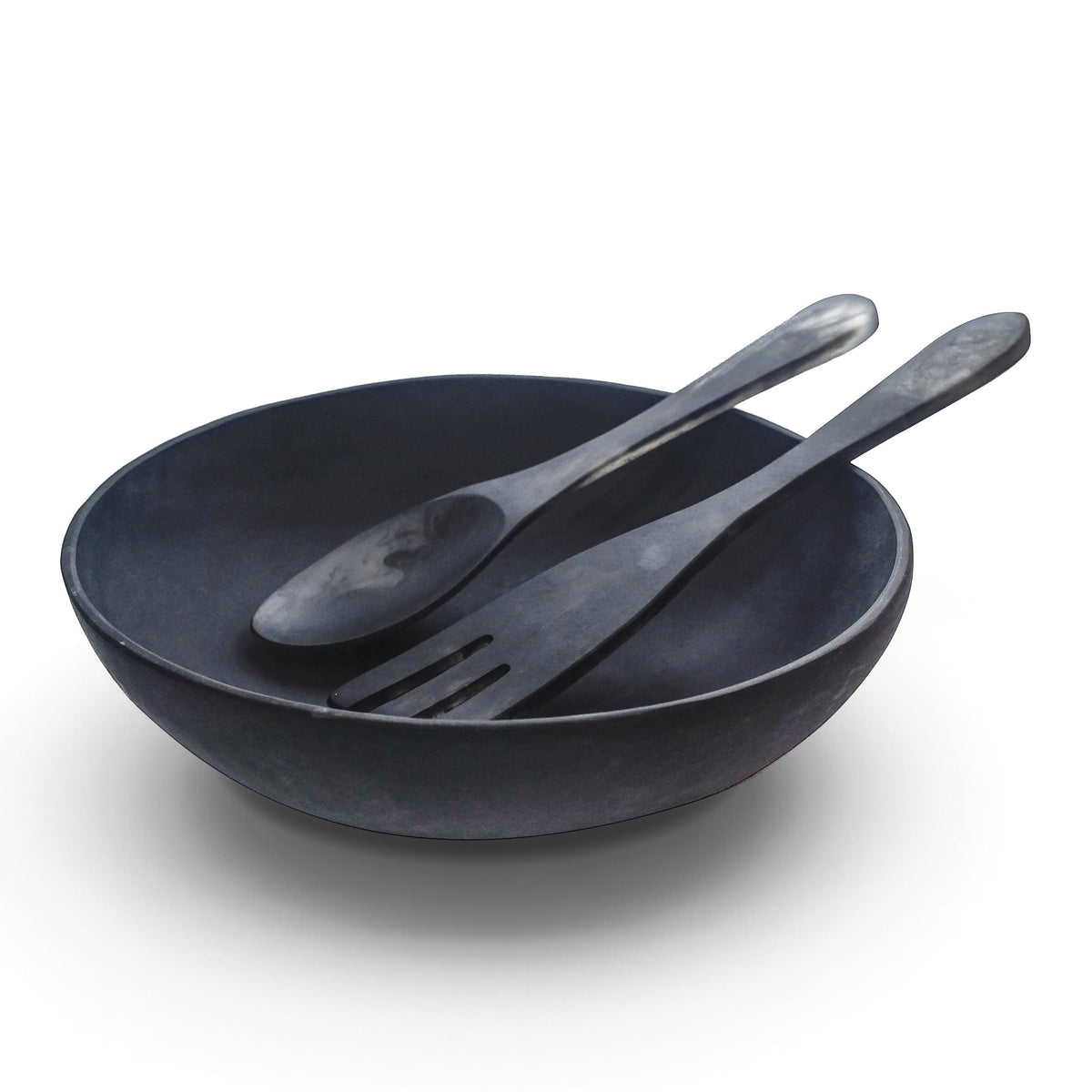 POLKA LUKA large black resin salad bowl with matching long salad servers for serving side salads.