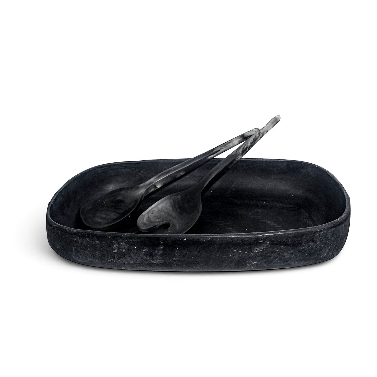 POLKA LUKA black resin Cezanne serving bowl with matching Gauguin salad servers for elegant table presentation.