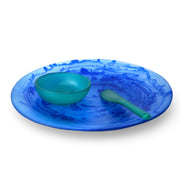 POLKA LUKA blue Luna serving plate with matching dip bowl and cheese knife, featuring a marbled glass design.