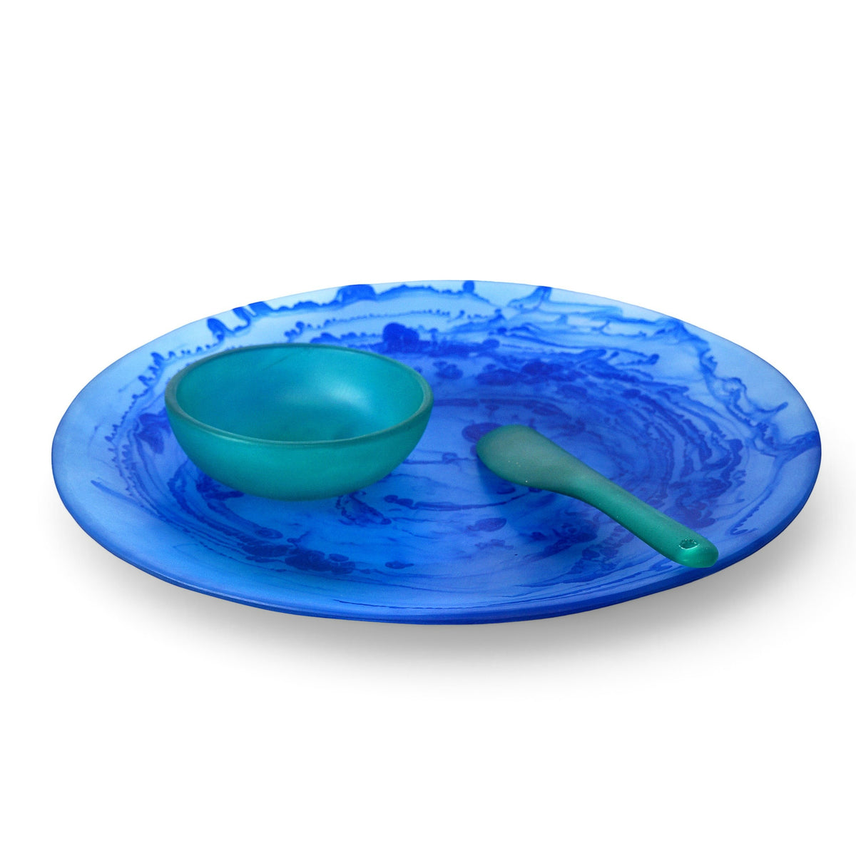 POLKA LUKA blue Luna serving plate with matching dip bowl and cheese knife, featuring a marbled glass design.