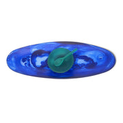 POLKA LUKA blue oval serving platter with a matching teal wabi bowl and small spoon for elegant table serving.