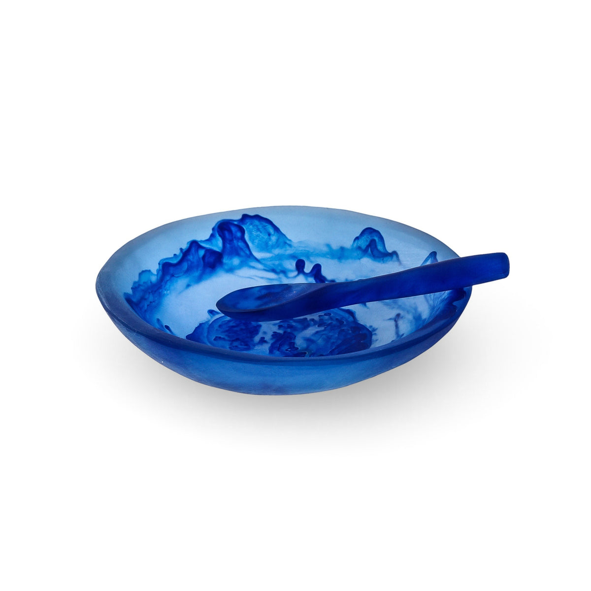 POLKA LUKA blue resin relish bowl and matching spoon with a marbled finish, 10.5cm diameter
