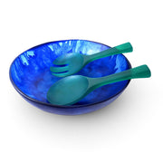 POLKA LUKA large blue resin salad bowl with matching teal green salad servers for serving side dishes