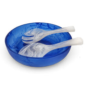 POLKA LUKA medium blue resin salad bowl with matching white marbled salad servers for serving side dishes.