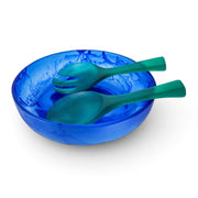 POLKA LUKA medium blue resin salad bowl with matching green salad servers on a white background