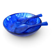 POLKA LUKA large blue resin salad bowl with matching short salad servers featuring a marbled finish