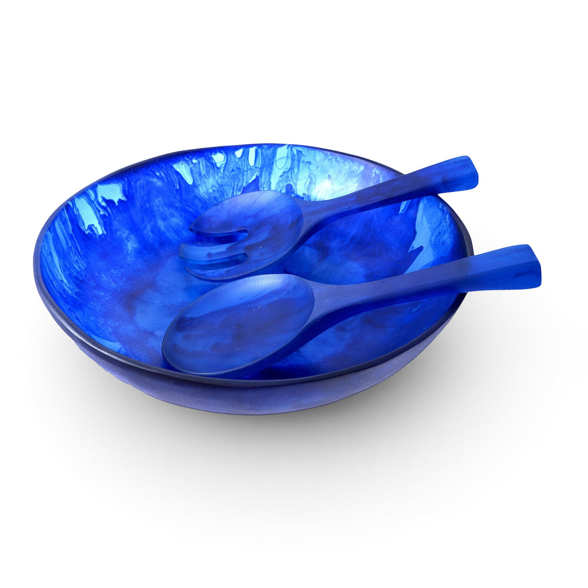 POLKA LUKA large blue resin salad bowl with matching short salad servers featuring a marbled finish