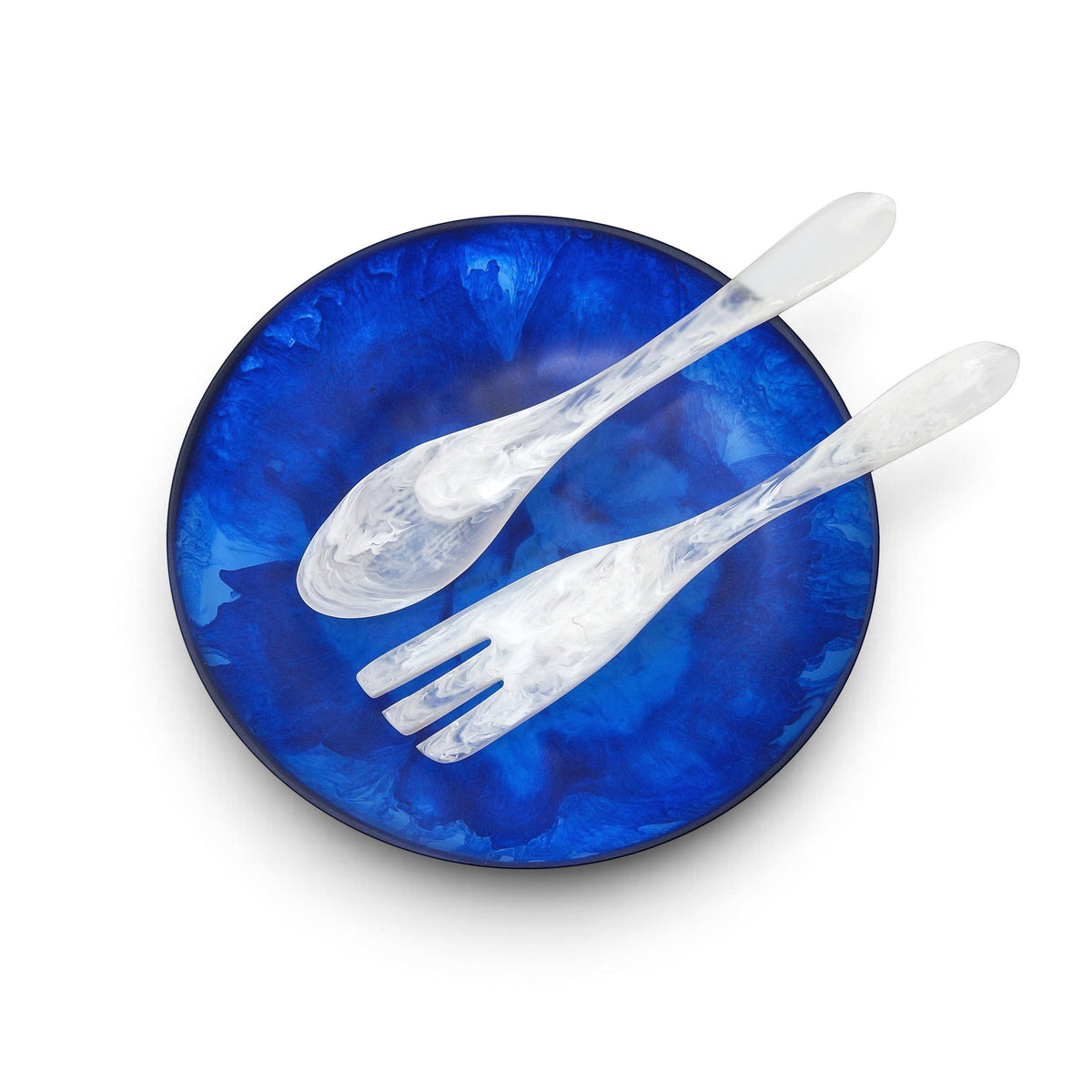 POLKA LUKA large round blue resin salad bowl with matching white marbled resin salad servers on a white background