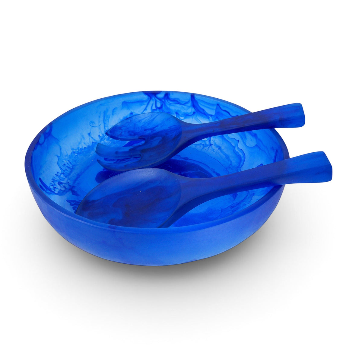 POLKA LUKA medium blue resin salad bowl and short server set with a marbled finish for serving side salads.
