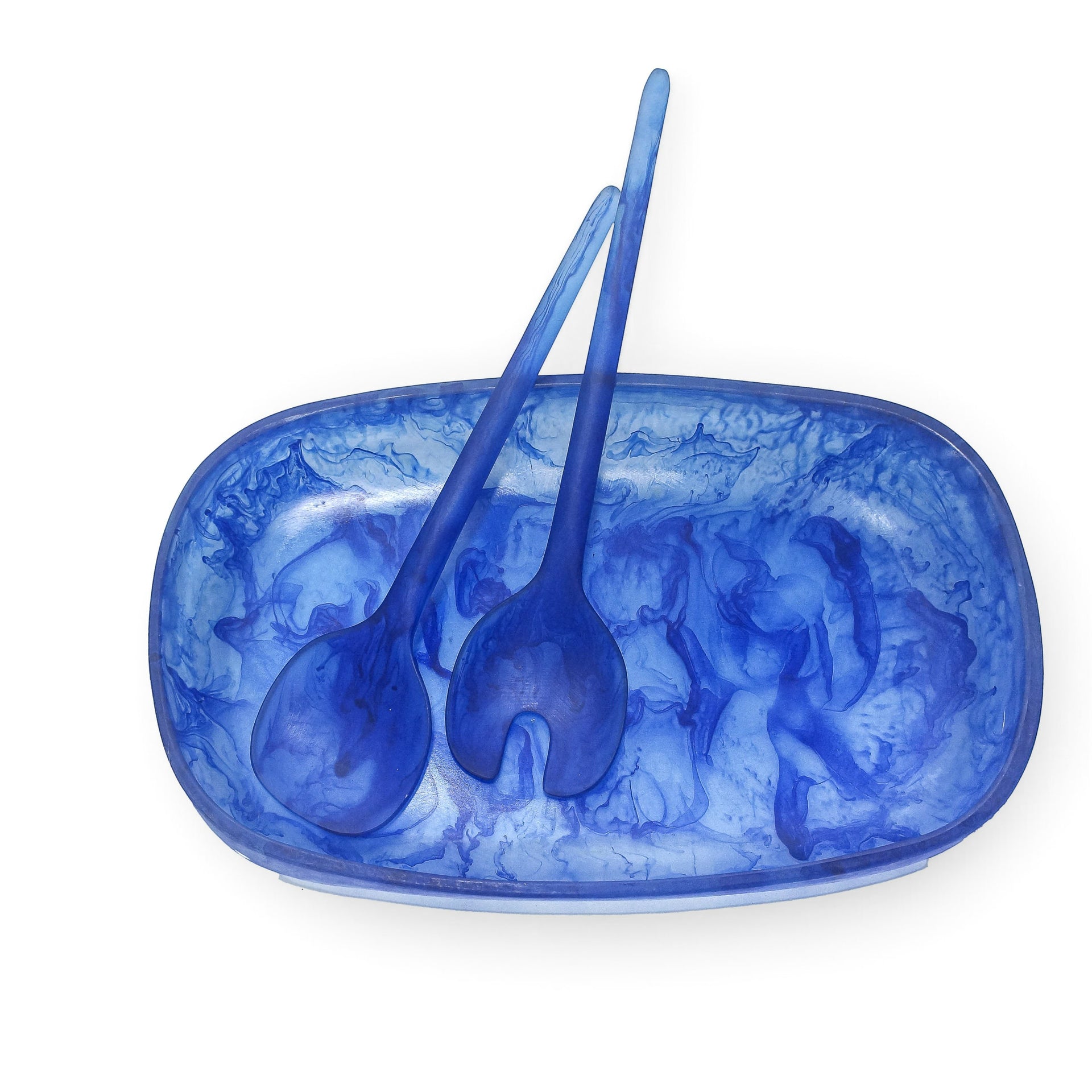 POLKA LUKA Cezanne blue resin serving bowl with matching Gauguin salad servers featuring a marbled pattern.