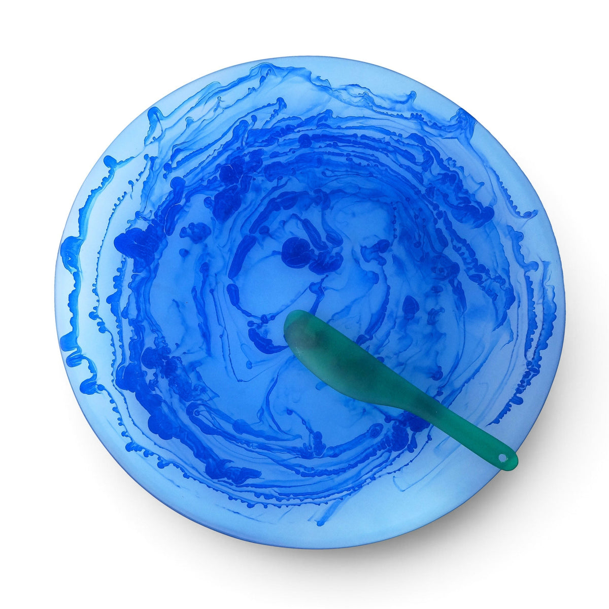 POLKA LUKA large round blue resin Luna serving plate with a matching green cheese knife on a white background