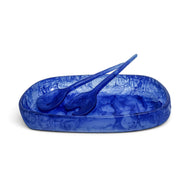 POLKA LUKA Cezanne resin serving bowl and Gauguin salad servers in a vibrant blue marbled pattern.
