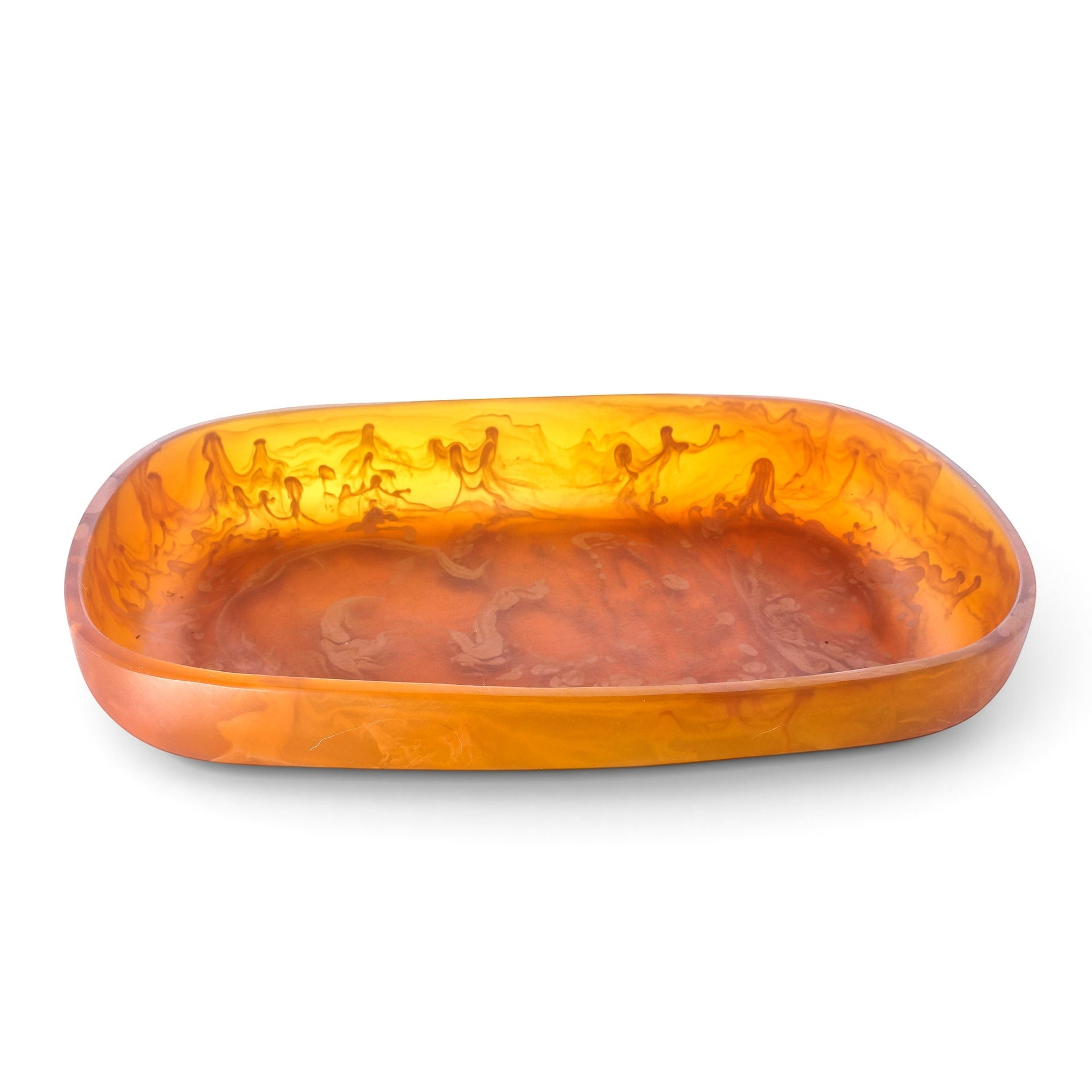 POLKA LUKA Cezanne rectangular resin serving bowl in a translucent amber marbled finish for home decor or dining.