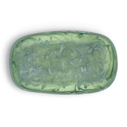 POLKA LUKA Cezanne rectangular green resin serving bowl with a unique marbled pattern, top view.