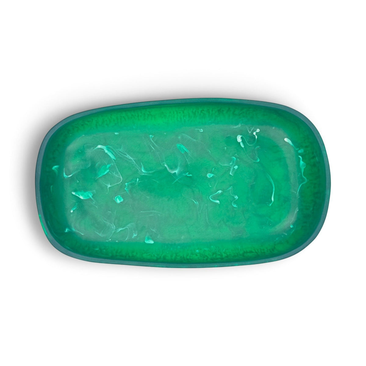 POLKA LUKA Cezanne rectangular green resin serving bowl with a unique marbled finish for home decor or dining.