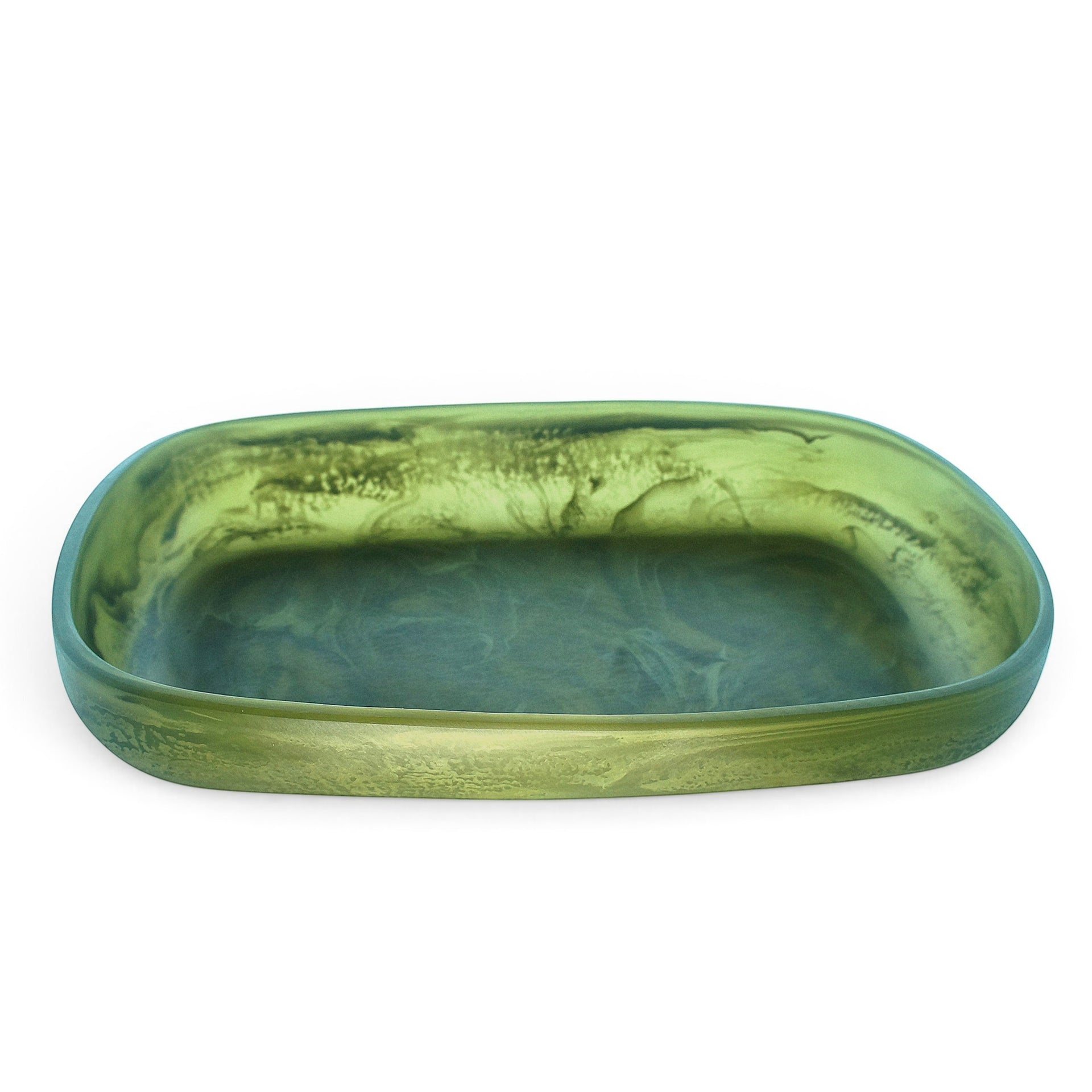 POLKA LUKA Cezanne rectangular green resin serving bowl with a unique marbled finish for home decor or dining.