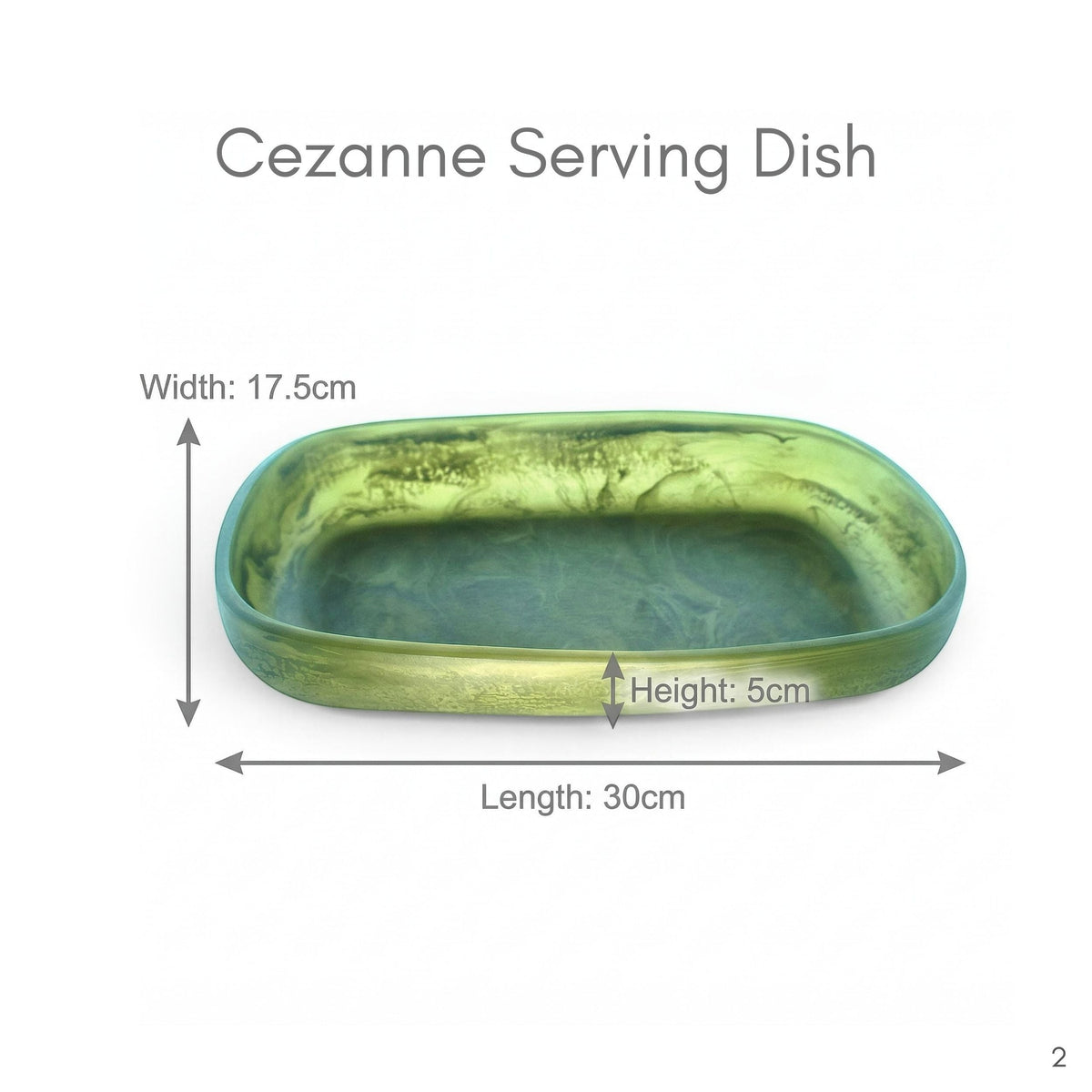 POLKA LUKA Cezanne rectangular green resin serving bowl with a marbled finish and smooth rounded edges