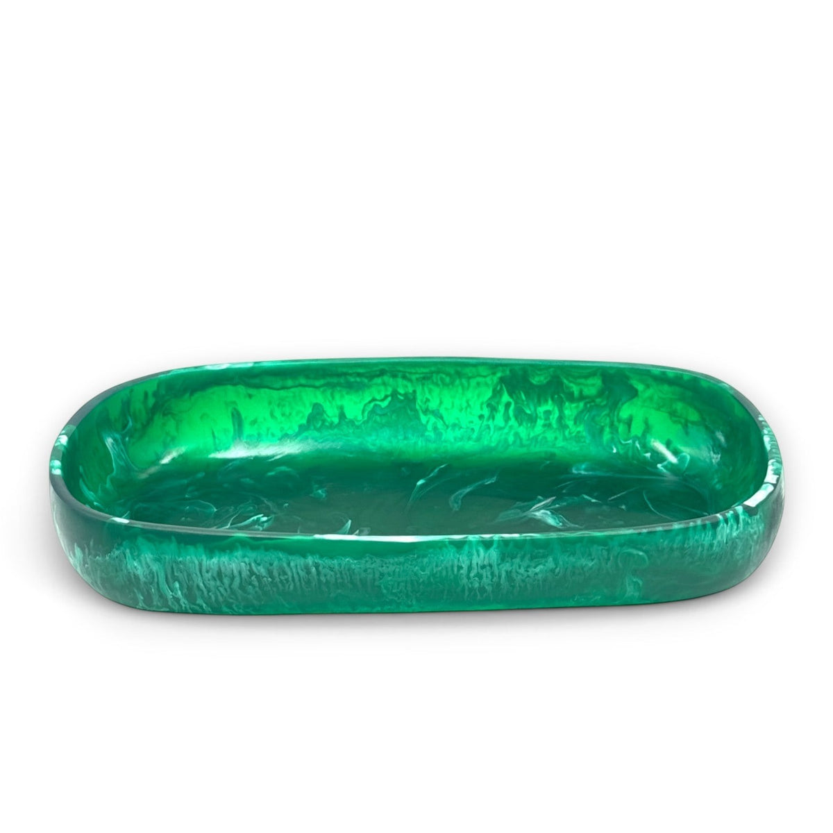 POLKA LUKA Cezanne rectangular green resin serving bowl with a marbled finish for home decor or food presentation.