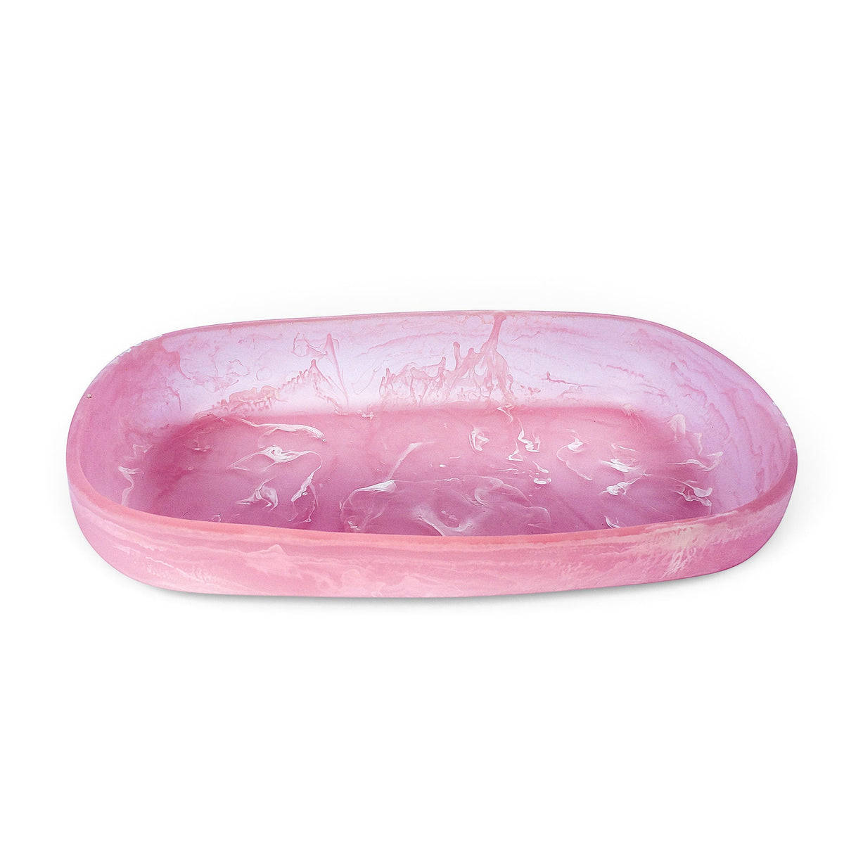 POLKA LUKA Cezanne rectangular pink resin serving bowl with a unique hand-mixed marbled pattern.