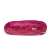 POLKA LUKA Cezanne rectangular resin serving bowl in vibrant pink with white marbled swirl patterns.