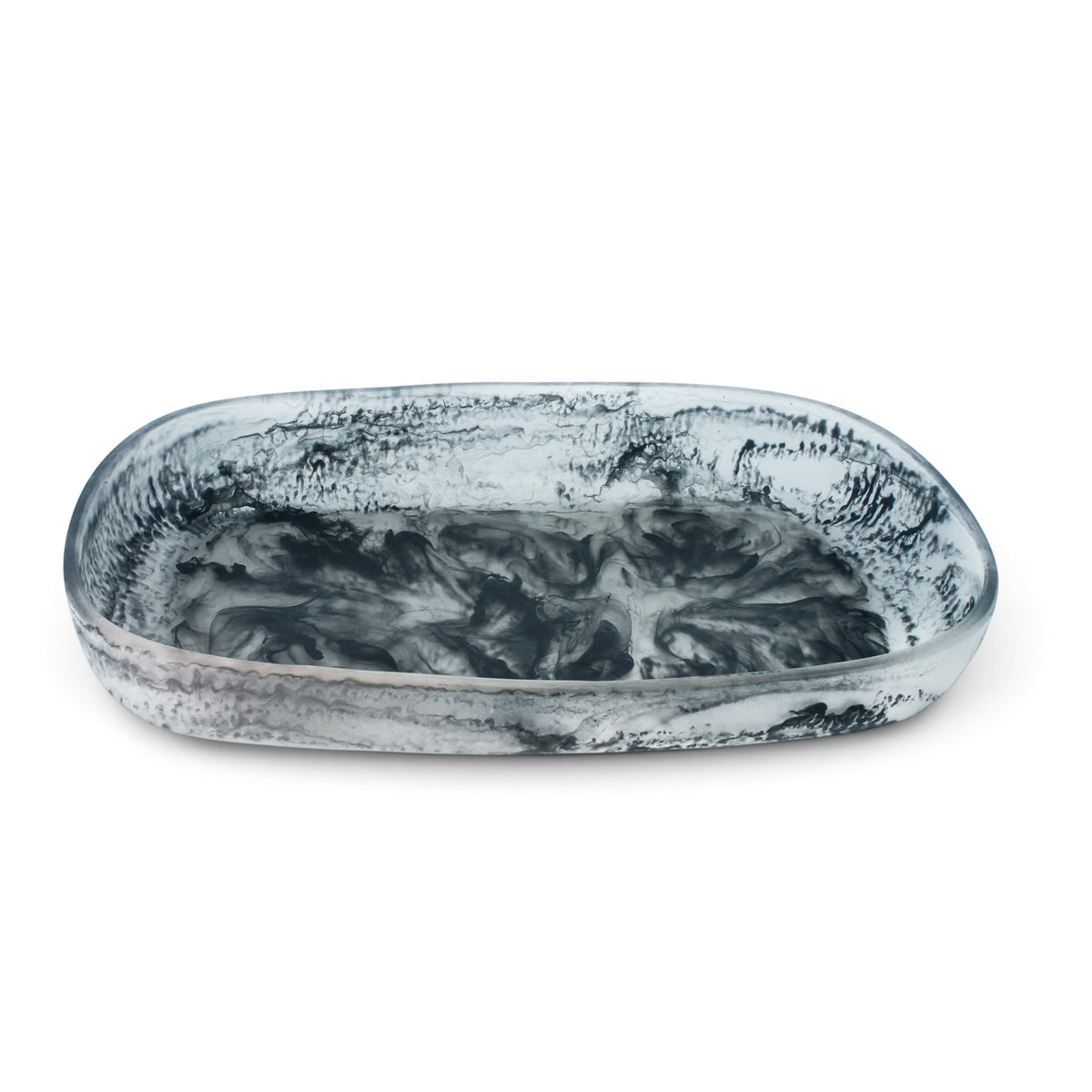 POLKA LUKA Cezanne rectangular resin serving bowl with a marbled black and white swirl pattern