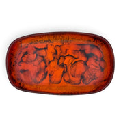 POLKA LUKA Cezanne rectangular resin serving bowl in a vibrant orange and black marbled pattern, top-down view.