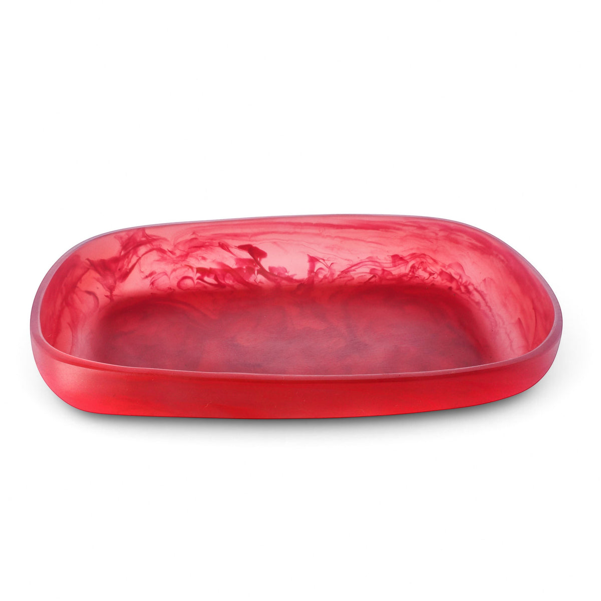 POLKA LUKA Cezanne rectangular red resin serving bowl with a unique marbled swirl pattern on a white background.