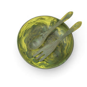 POLKA LUKA large green marbled resin salad bowl with matching long serving spoon and fork set
