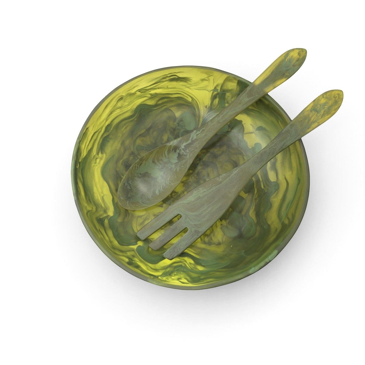 POLKA LUKA large green marbled resin salad bowl with matching long serving spoon and fork set