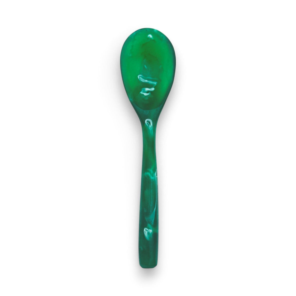 POLKA LUKA mini resin spoon in a translucent emerald green marbled finish, 8cm long for small bowls.