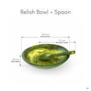 POLKA LUKA olive green marbled resin relish bowl with matching mini spoon, 10.5cm diameter.