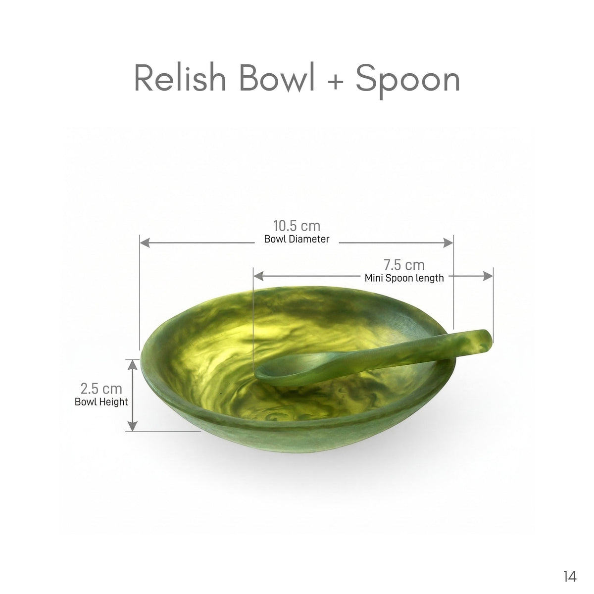 POLKA LUKA olive green marbled resin relish bowl with matching mini spoon, 10.5cm diameter.