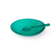 POLKA LUKA translucent emerald green resin relish bowl with matching small spoon on a white background