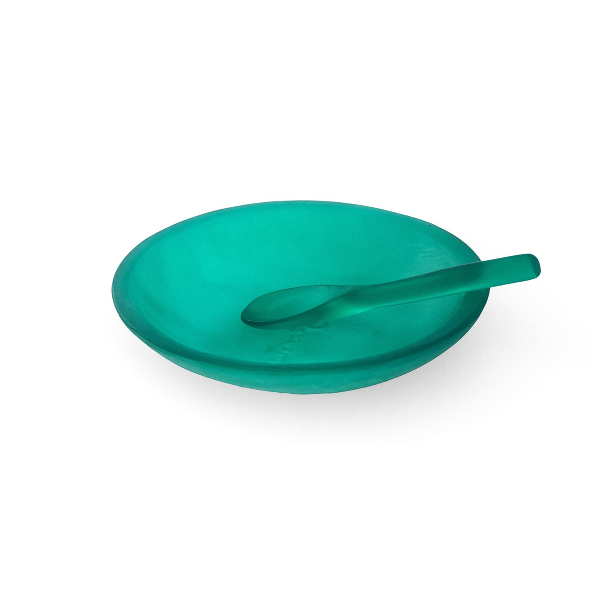 POLKA LUKA translucent emerald green resin relish bowl with matching small spoon on a white background