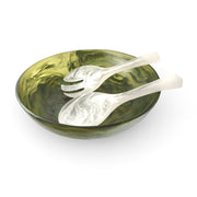 POLKA LUKA large green resin salad bowl with white marbled resin salad servers for serving side dishes