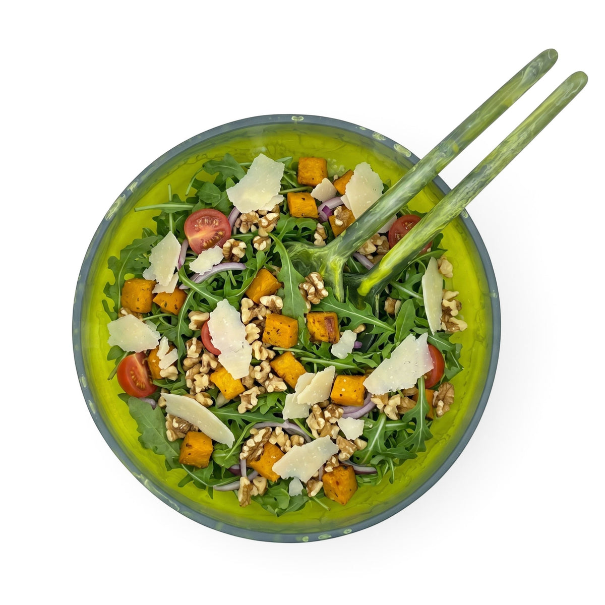 POLKA LUKA medium green resin salad bowl with matching Gauguin servers filled with a fresh salad