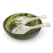 POLKA LUKA medium green resin salad bowl with matching white marbled short salad servers
