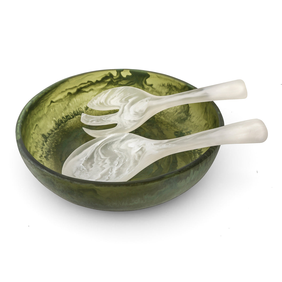 POLKA LUKA medium green resin salad bowl with matching white marbled short salad servers