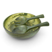POLKA LUKA medium green marbled resin salad bowl with matching short salad servers on a white background