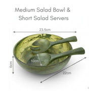 POLKA LUKA medium green resin salad bowl and short server set with marbled texture for serving side salads