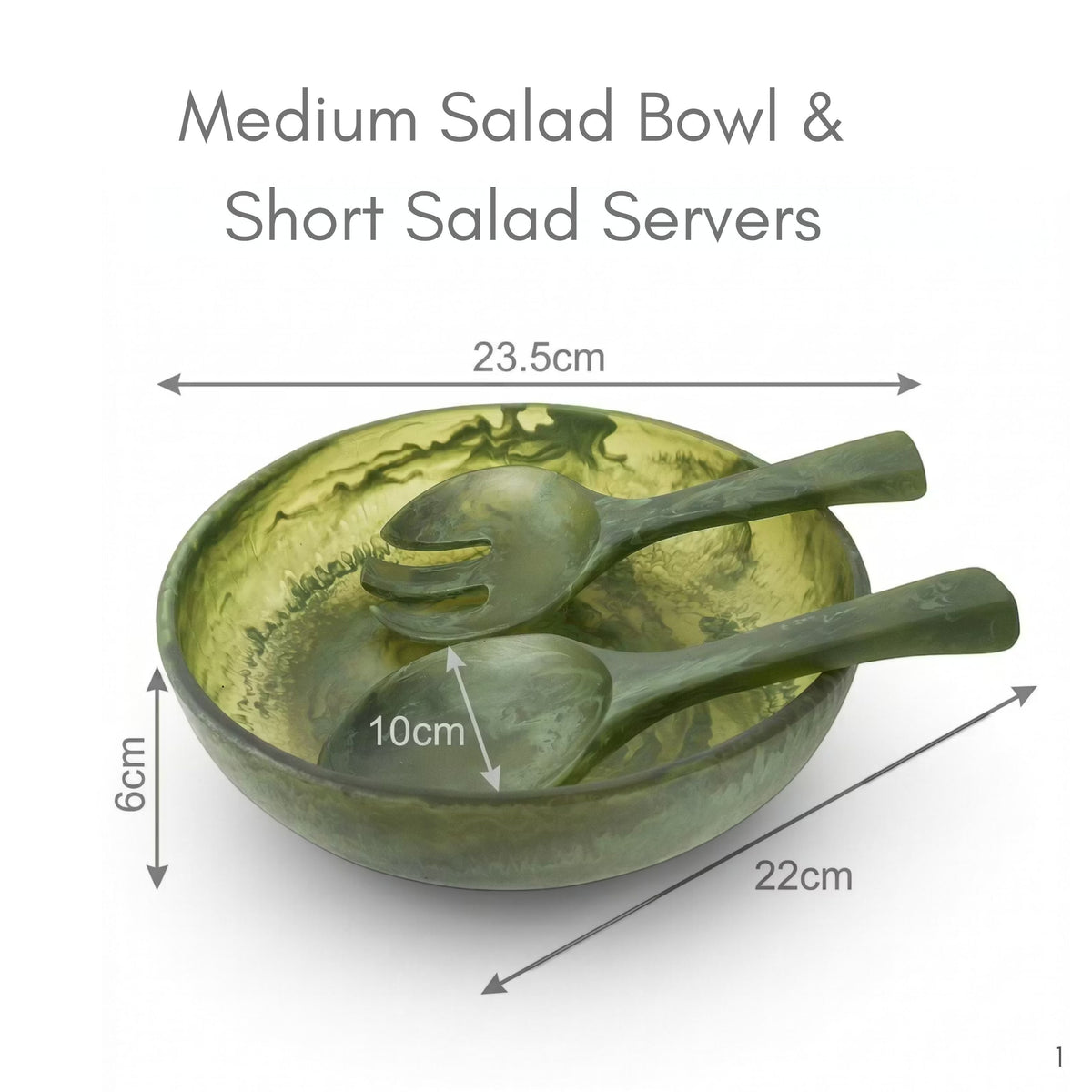 POLKA LUKA medium green resin salad bowl and short server set with marbled texture for serving side salads