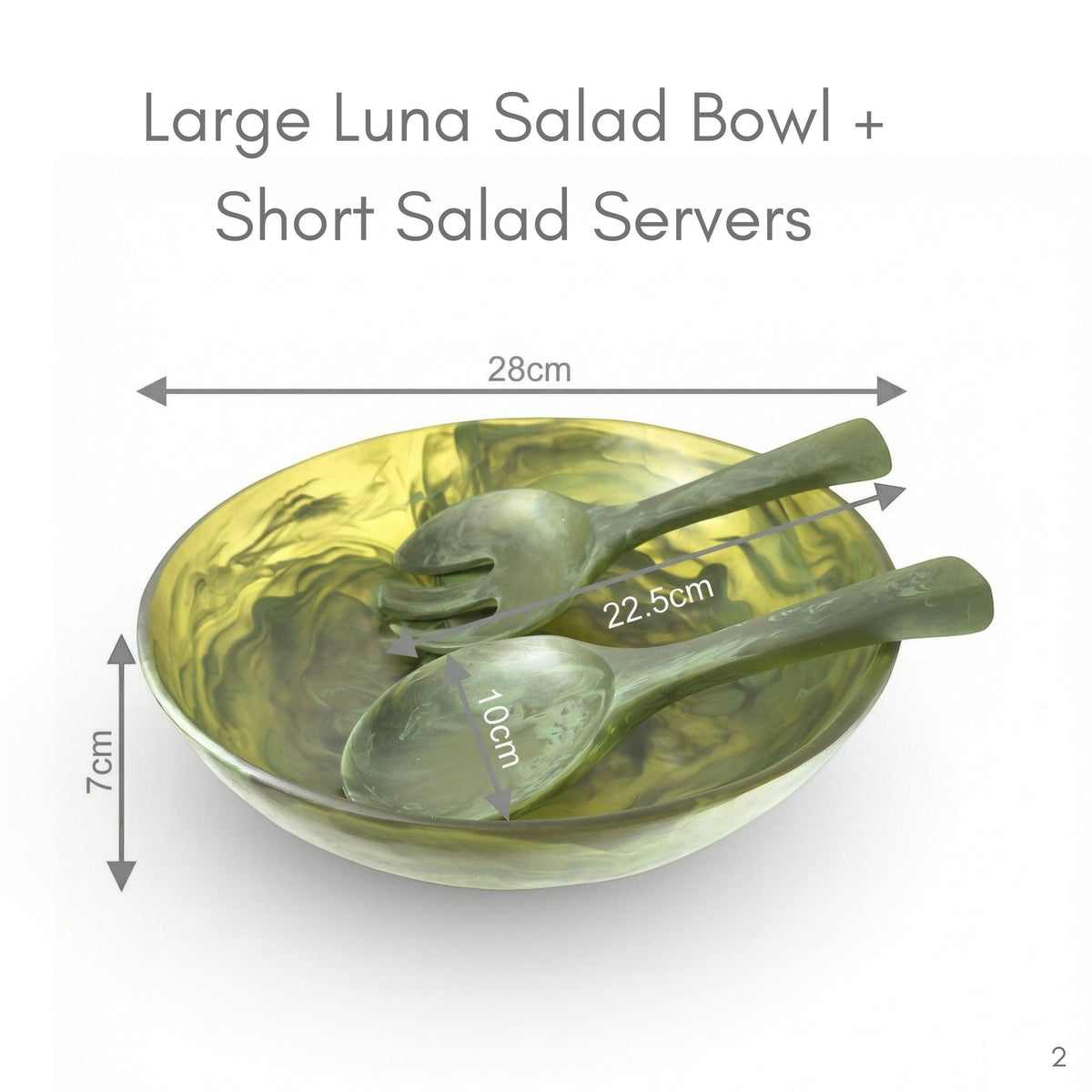 POLKA LUKA large green marbled resin salad bowl with matching short salad servers showing dimensions
