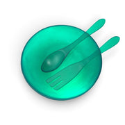 POLKA LUKA large translucent green resin salad bowl with matching long salad servers, top-down view.