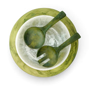 POLKA LUKA resin salad set featuring a green marbled serving plate, white bowl, and matching green salad servers.